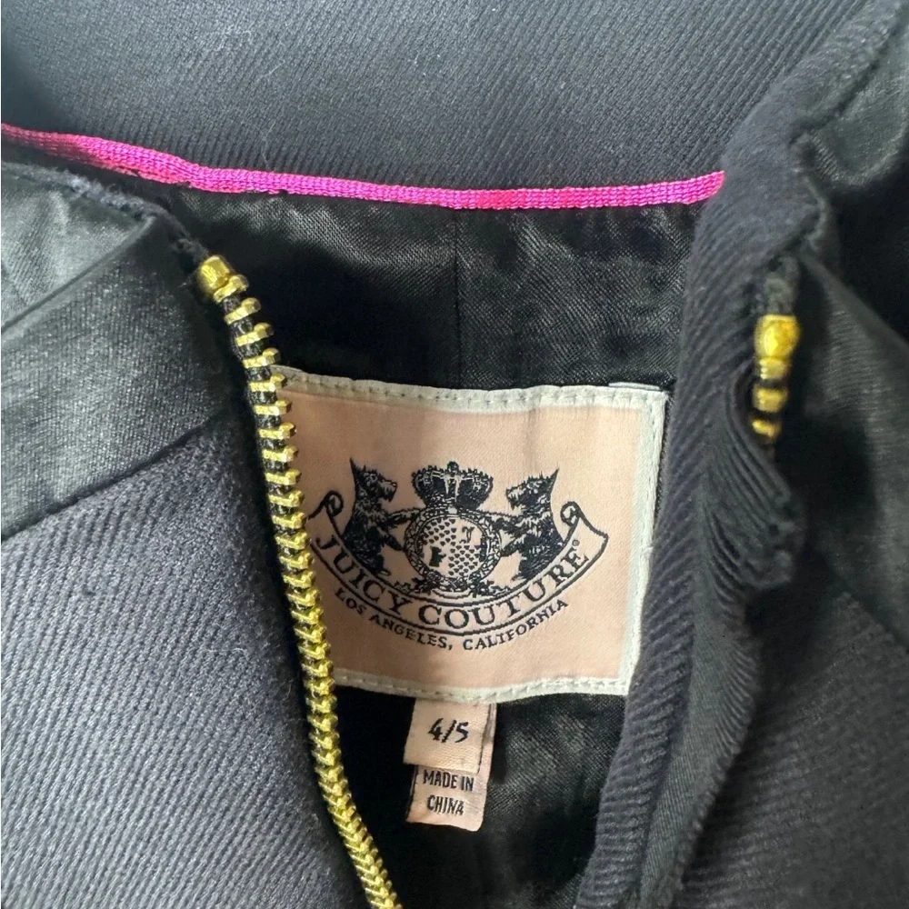 Juicy Couture Girls Black Blazer Jacket 4/5 Satin Trim Gold Zip Dressy Kids Coat